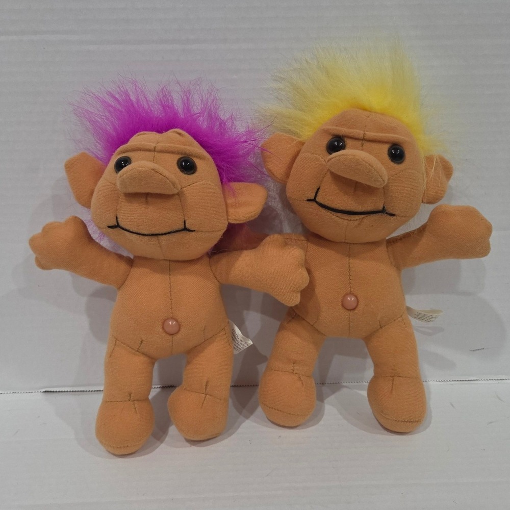 Vintage 1991 Acme Troll-kins Plush Dolls Set Purple Yellow Hair Retro Toys 90s